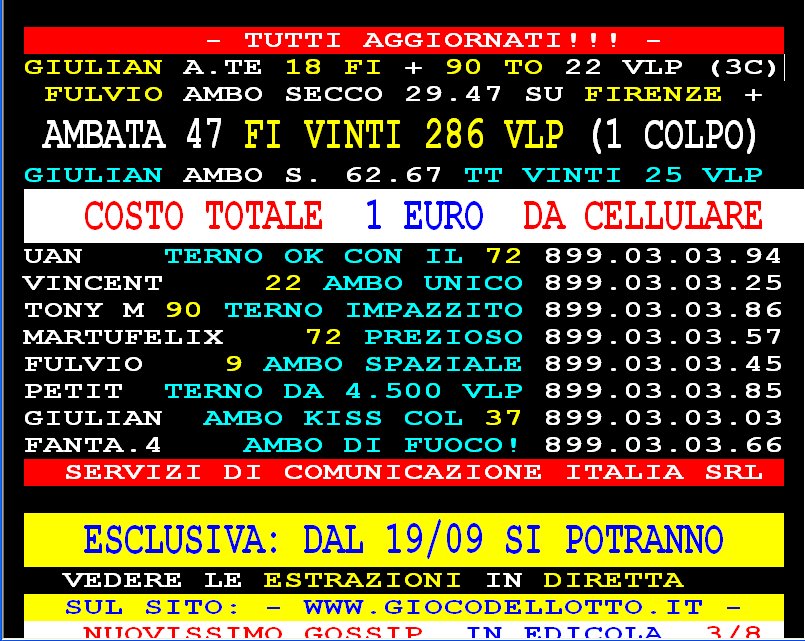 ***SPECIALE SERVIZI 899 PER MARTEDI' 17 SETTEMBRE, TUTTI I CODICI